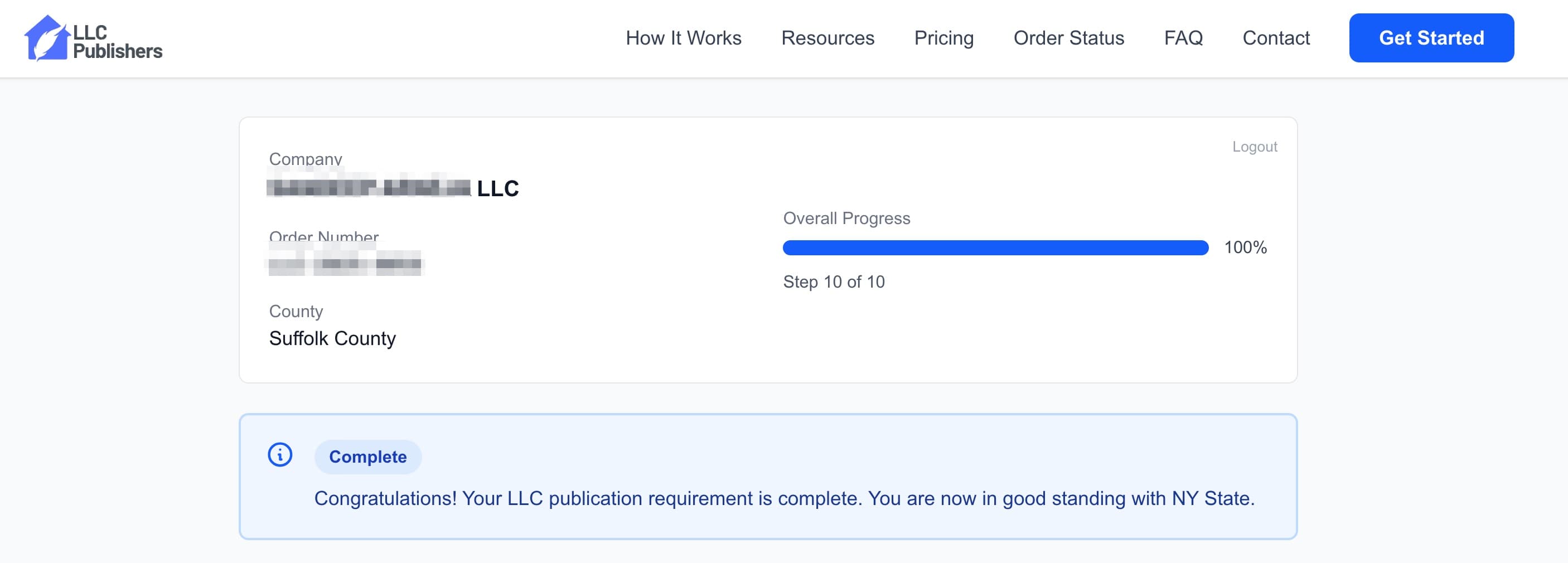 LLC Publishers customer portal showing order summary with progress tracking