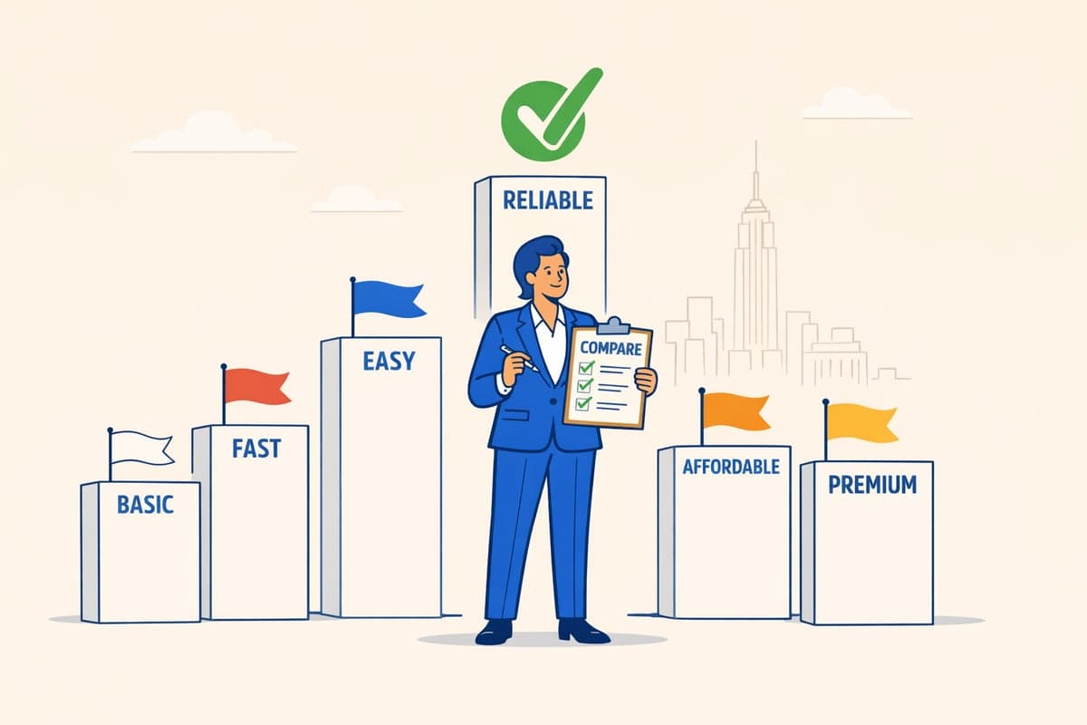 Comparison of LLC publication services showing a person evaluating different providers on criteria like cost, speed, and reliability