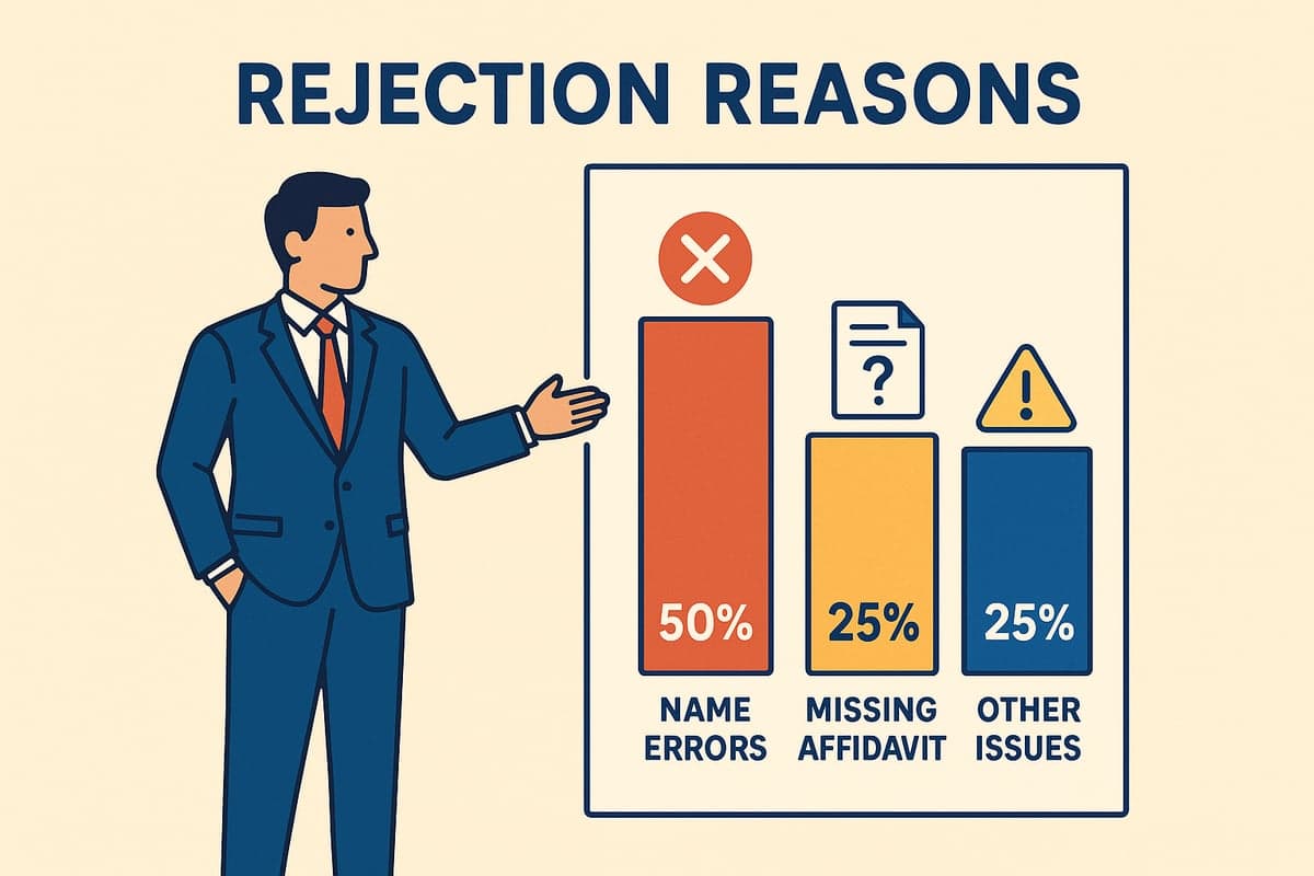 Common Certificate of Publication rejection reasons — name errors, missing affidavits, and payment issues