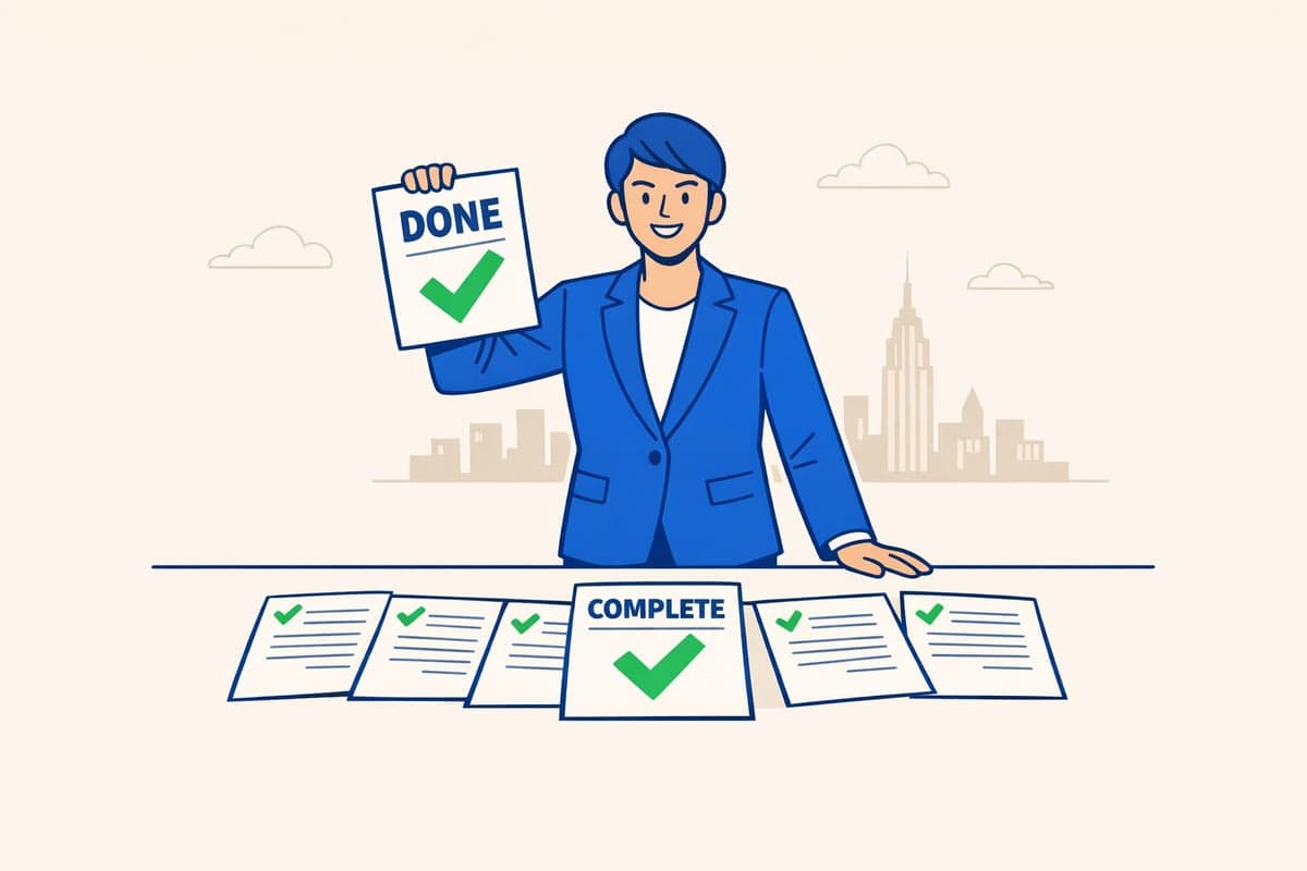Business professional holding completed documents with five publication deliverables arranged on a desk, each marked with a green checkmark