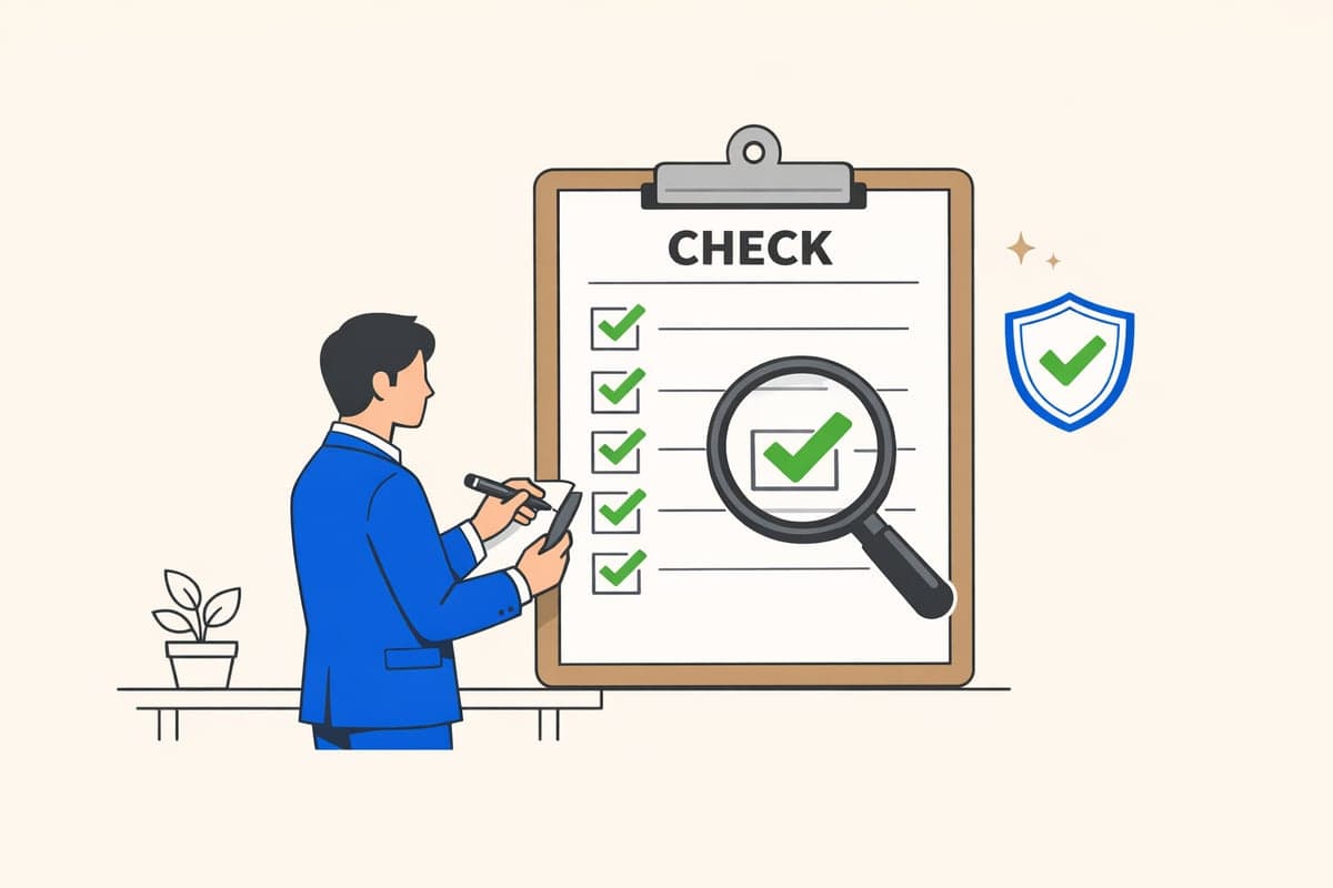Person in blue suit reviewing a five-item checklist with a magnifying glass, verifying each document with green checkmarks and a trust shield icon