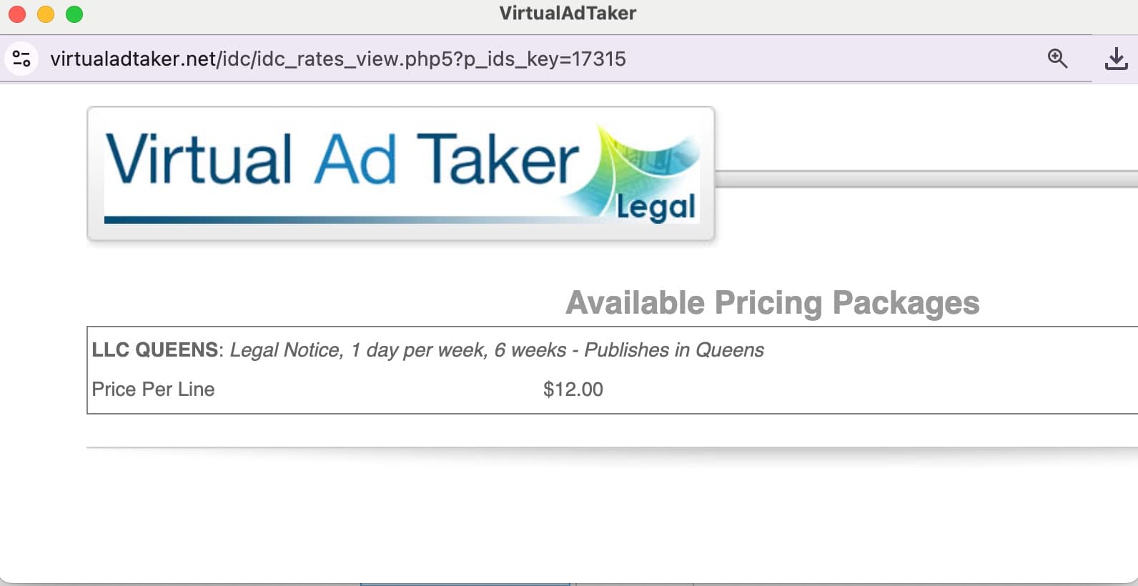 Newsday Virtual Ad Taker pricing for Queens County showing $12.00 per line for the LLC QUEENS package