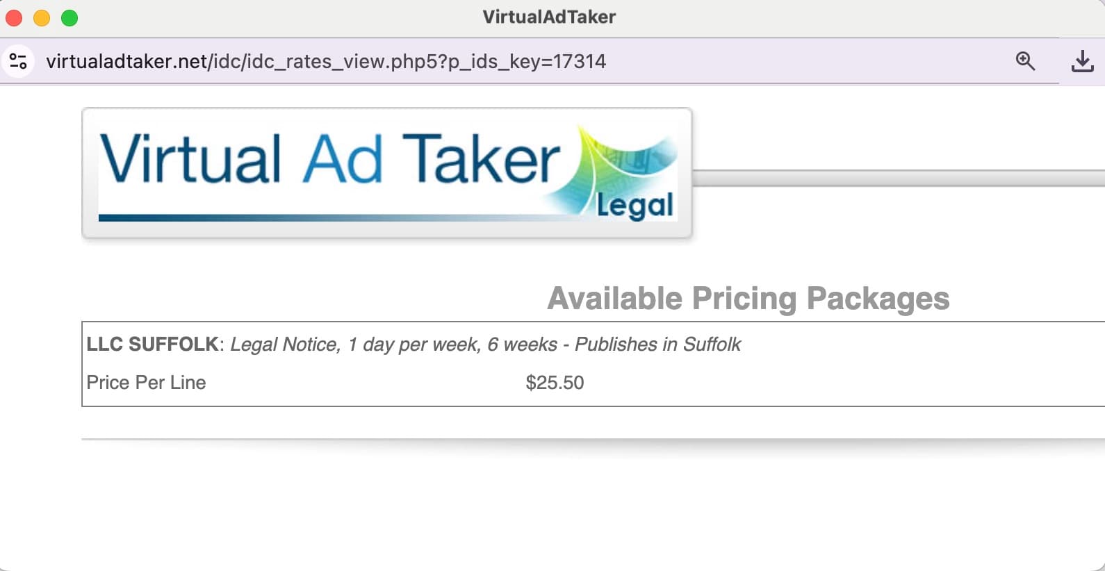 Newsday Virtual Ad Taker pricing for Suffolk County showing $25.50 per line for the LLC SUFFOLK package