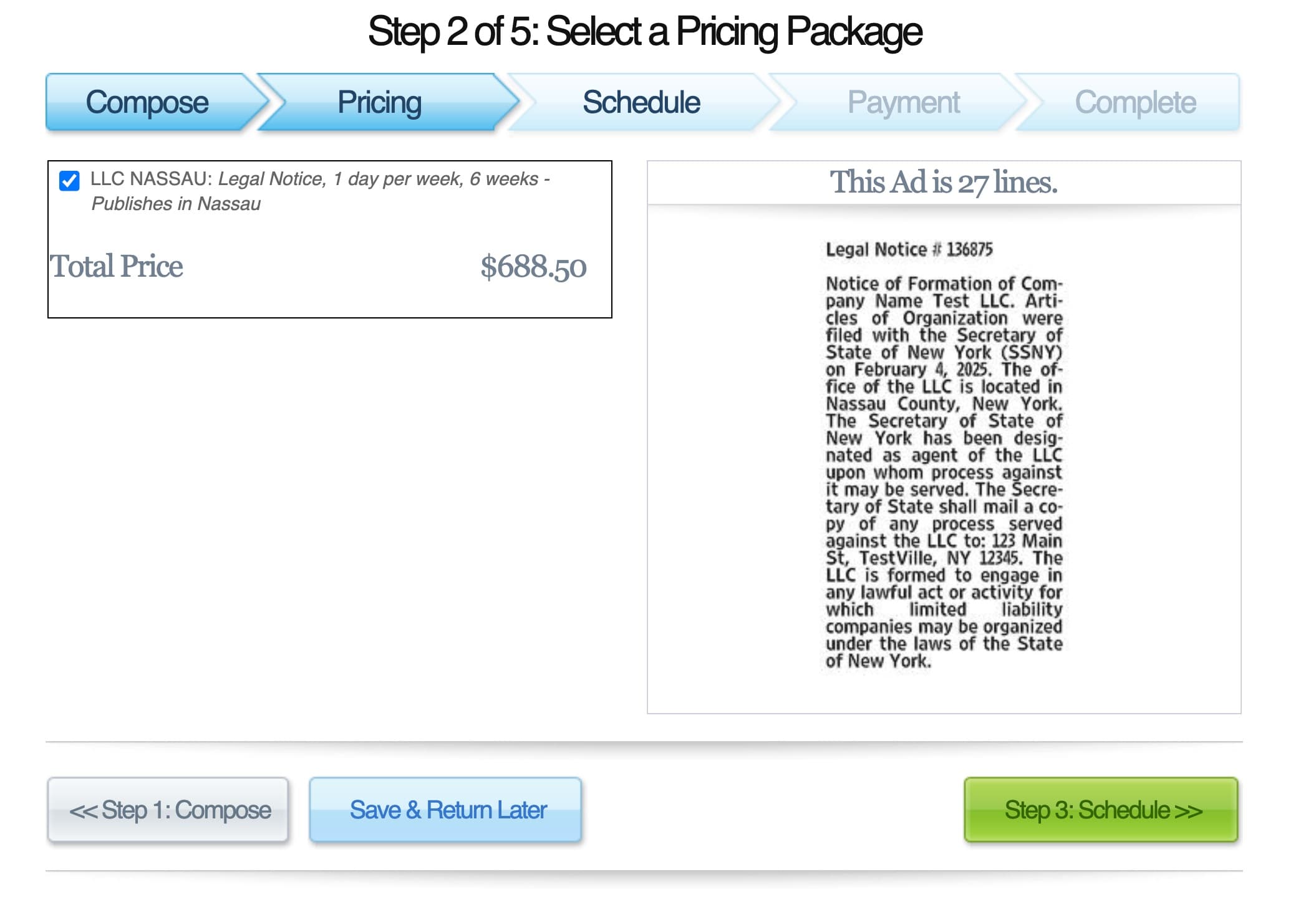 Newsday's pricing step showing a 27-line LLC notice for Nassau County with a total price of $688.50, including the full newspaper-format preview of the legal notice text