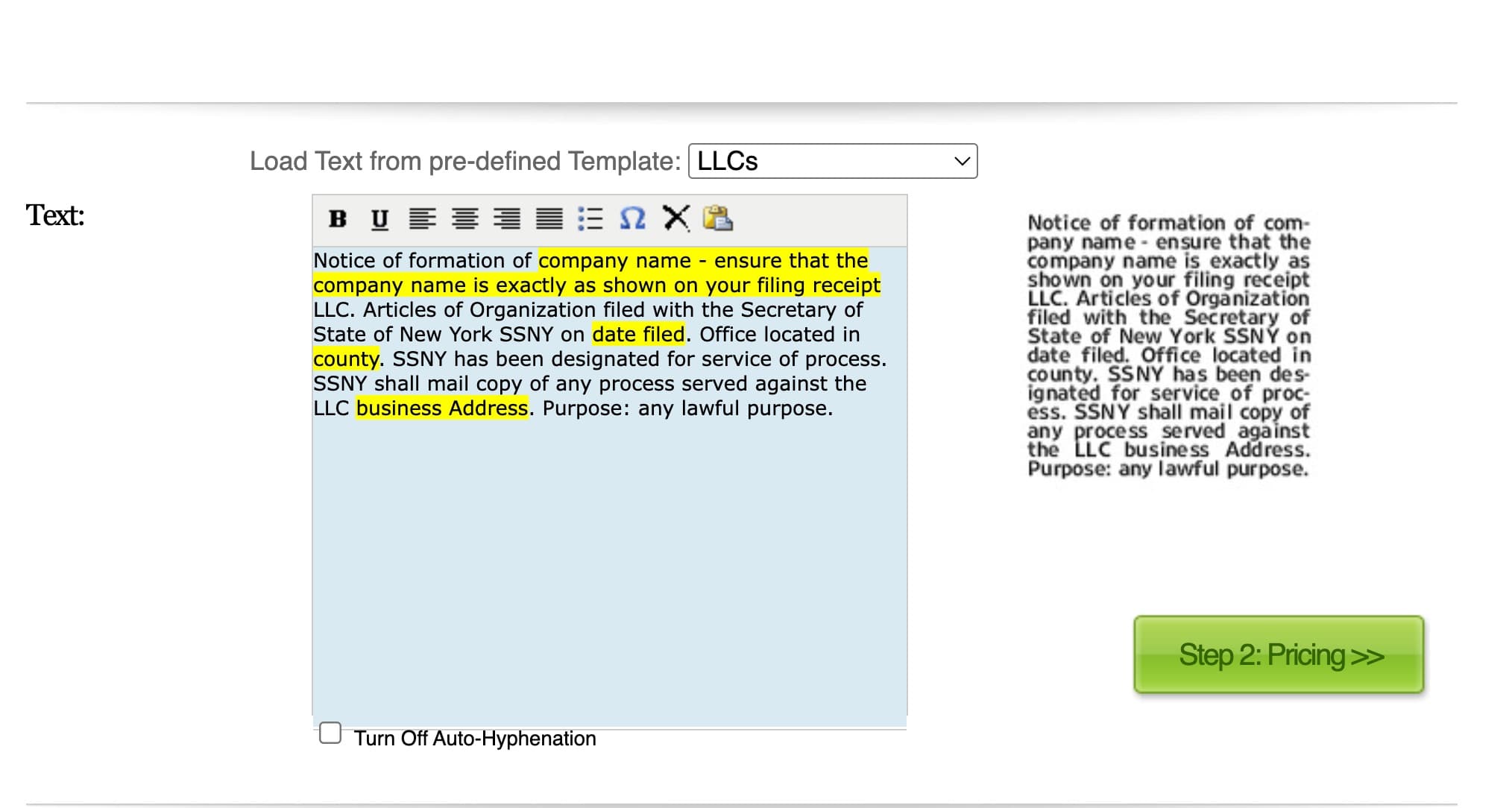 Newsday's Virtual Ad Taker template builder showing the LLC notice text editor with highlighted placeholder fields for company name, filing date, county, and business address, plus a live newspaper-format preview
