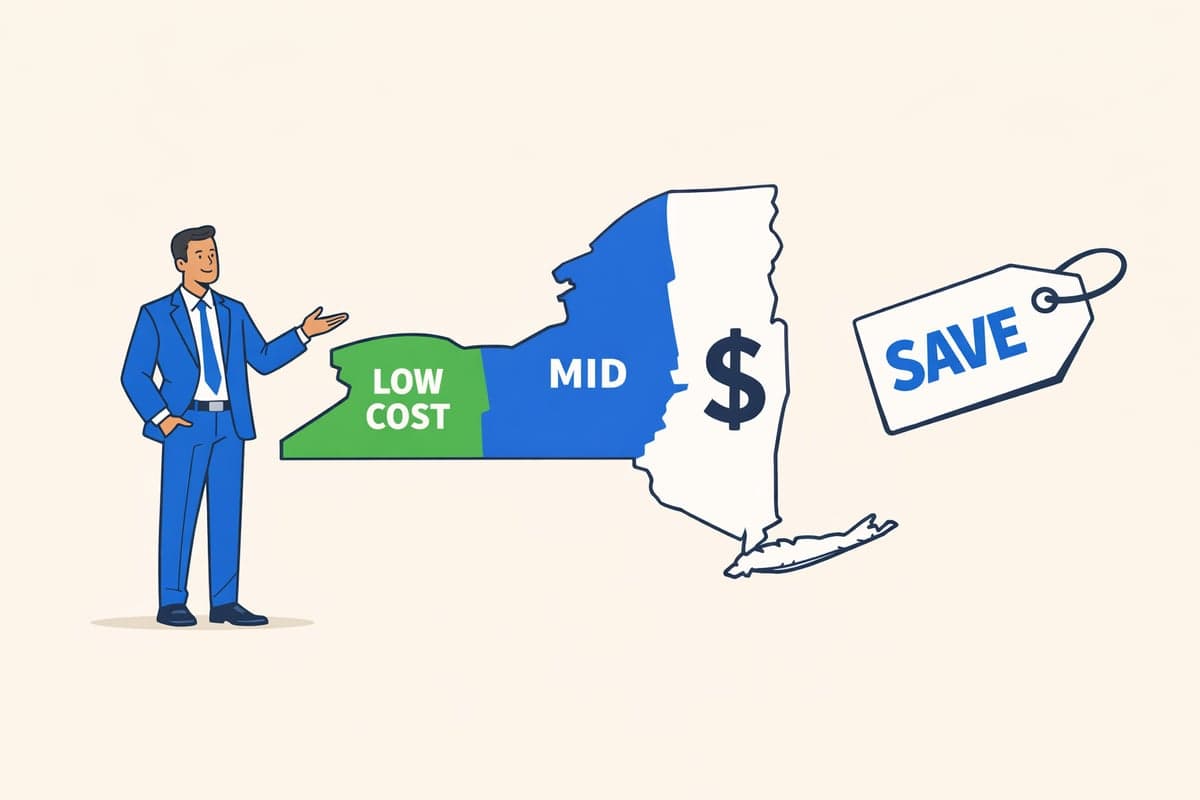 New York State map showing county-by-county cost zones for LLC publication from low cost upstate to higher cost NYC