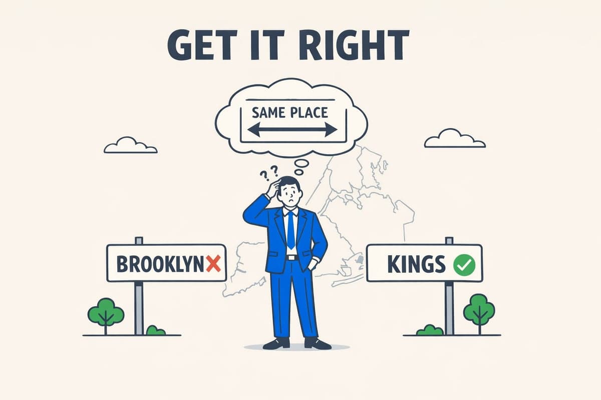 Illustration showing the common confusion between borough names and county names for LLC publication