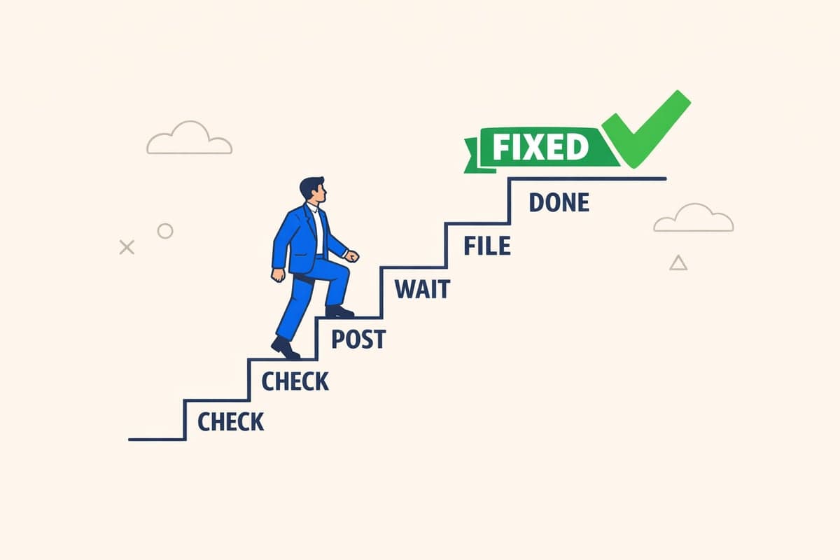 Step-by-step illustration of a person climbing stairs labeled Check, Post, Wait, File, Done to fix a suspended LLC