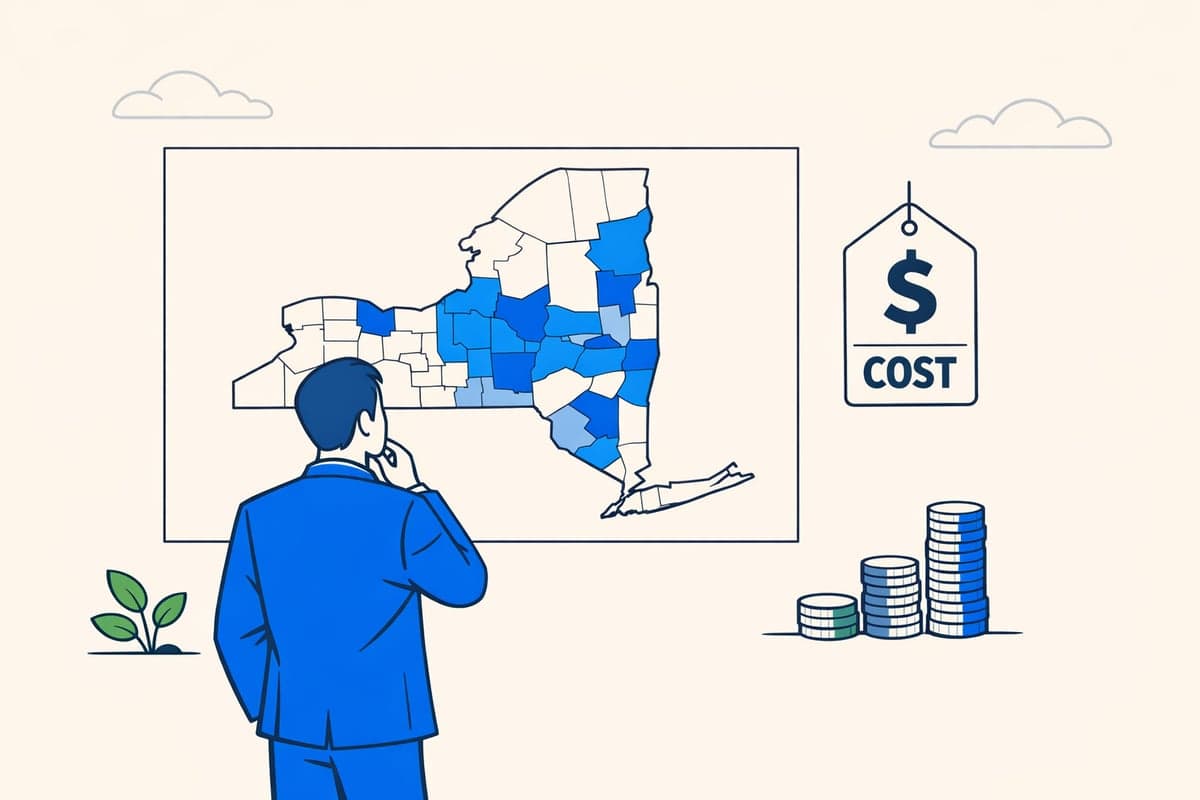New York State county map showing varying LLC publication costs by region — costs differ widely across all 62 counties