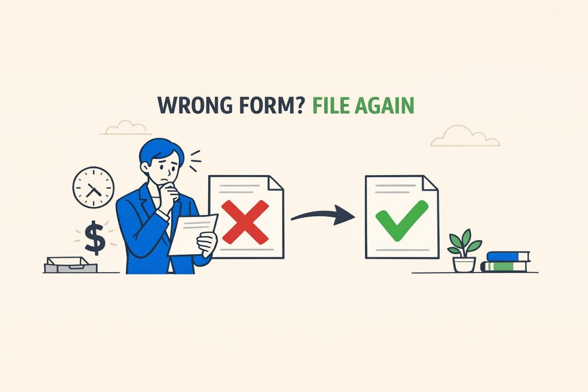 Person looking concerned at a document with a red X, with an arrow pointing to the correct form with a green checkmark