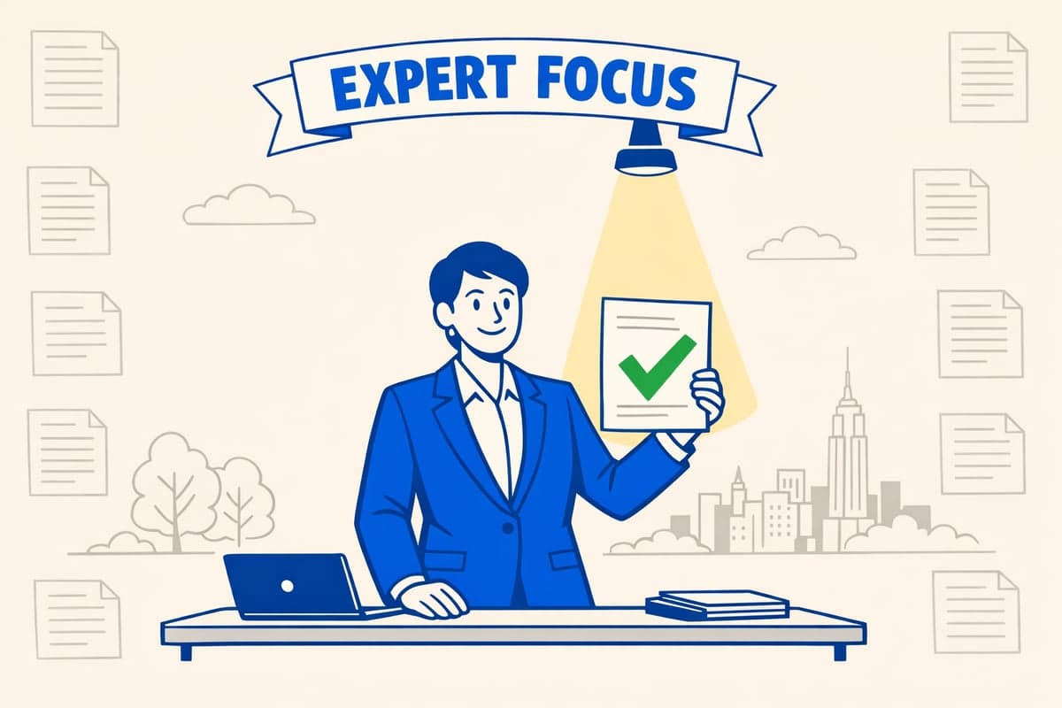A specialist professional in a blue suit holding a document with a green checkmark under a spotlight, with faded documents in the background representing focused expertise over generalized services