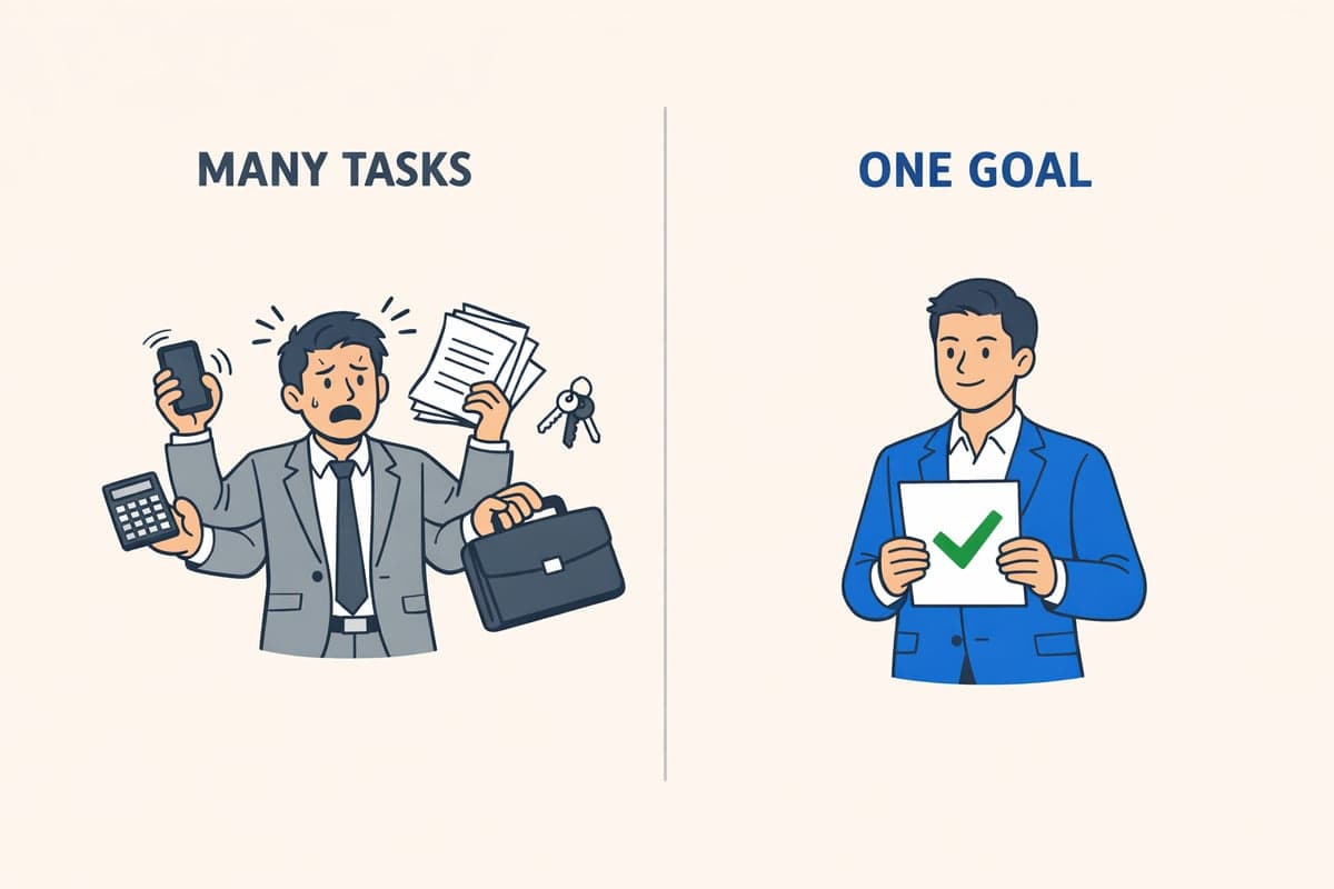 Split-screen comparison showing a stressed person in gray juggling many tasks on the left versus a calm professional in blue focused on one goal on the right