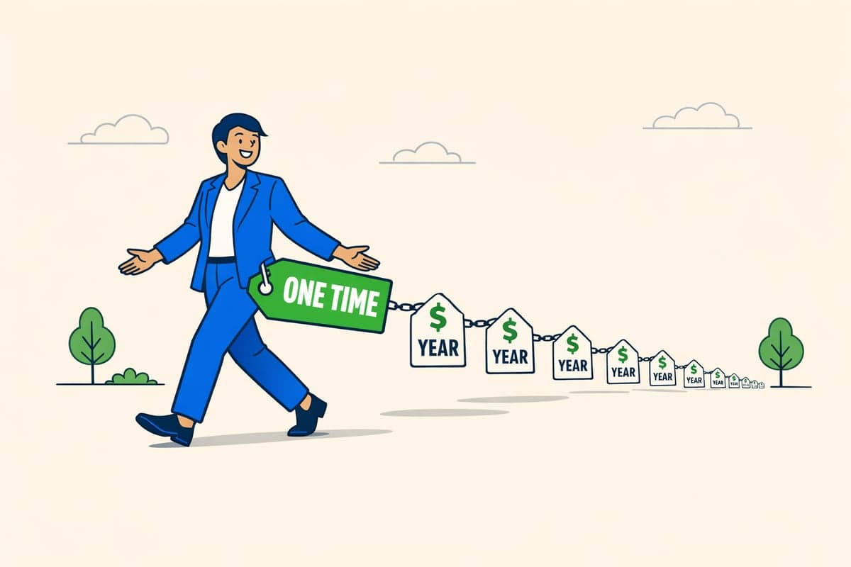 A happy professional in blue walking forward with a green one-time price tag while a chain of recurring annual dollar sign tags recedes behind them