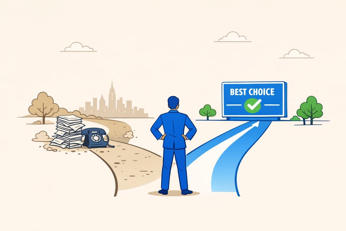 Business owner choosing between an old paper-based path and a modern digital path for LLC publication services