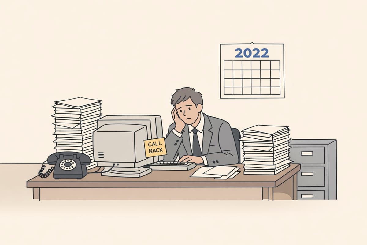 An overwhelmed office worker at a cluttered desk with paper stacks, an old computer monitor, and a rotary phone representing outdated publication service processes