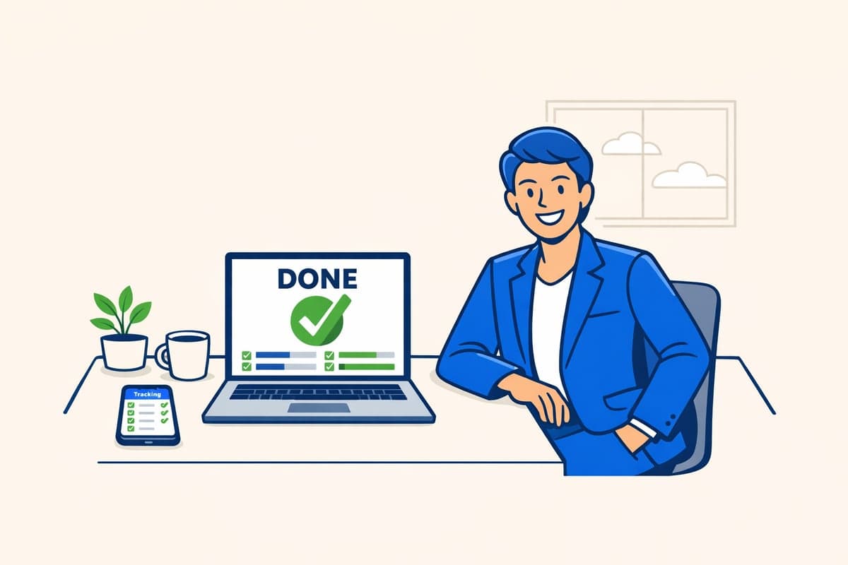 A happy business owner at a clean modern desk with a laptop showing a completed tracking dashboard and a smartphone showing real-time status updates