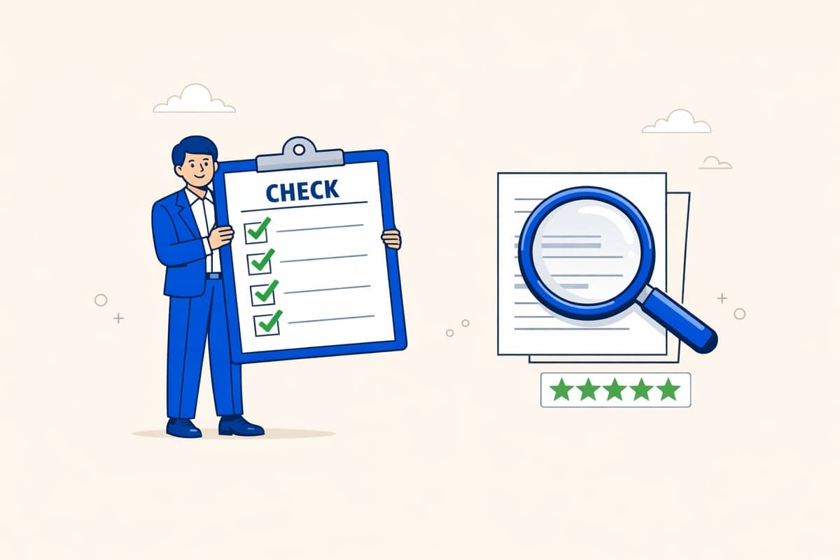 A person in a blue suit holding a large clipboard with green checkmarks, next to a magnifying glass examining documents and a five-star rating