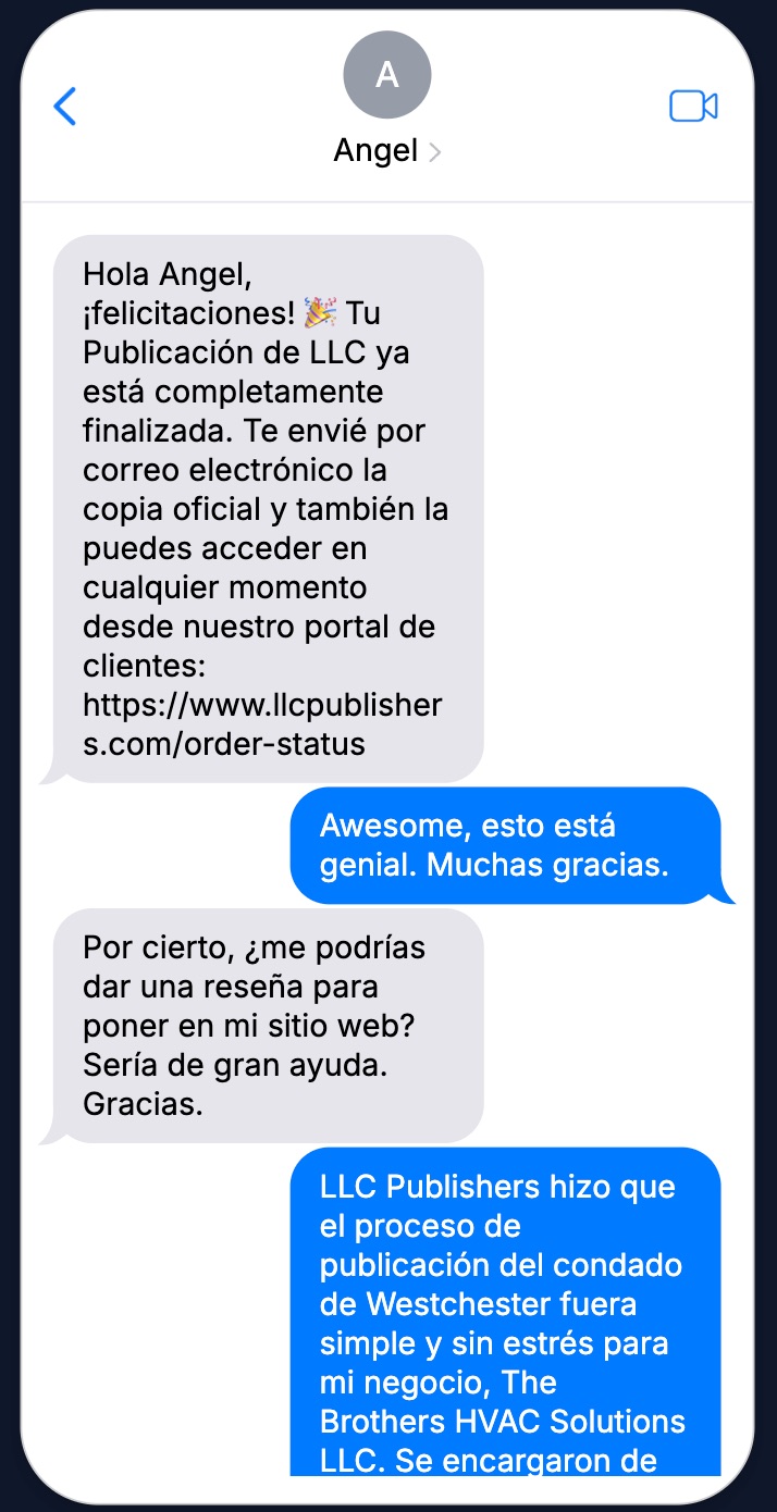 Text message conversation with customer Angel showing LLC Publishers providing bilingual Spanish support for Westchester County LLC publication service
