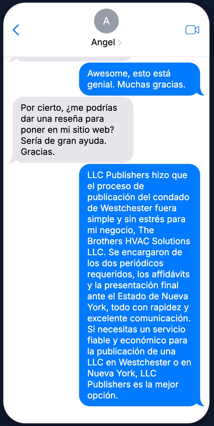 Text message showing LLC Publishers delivering the official New York State Certificate of Publication filing receipt to customer for The Brothers HVAC Solutions LLC